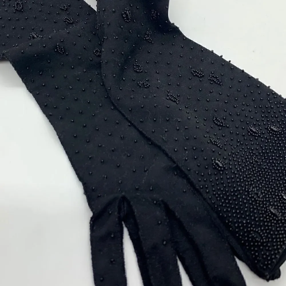 Black Beaded Detail Handmade Vintage Gloves